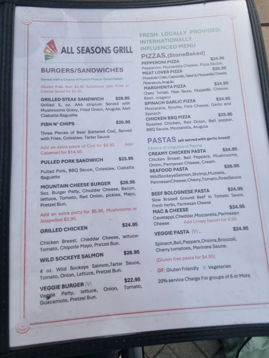Menu, All Seasons Grill Whistler