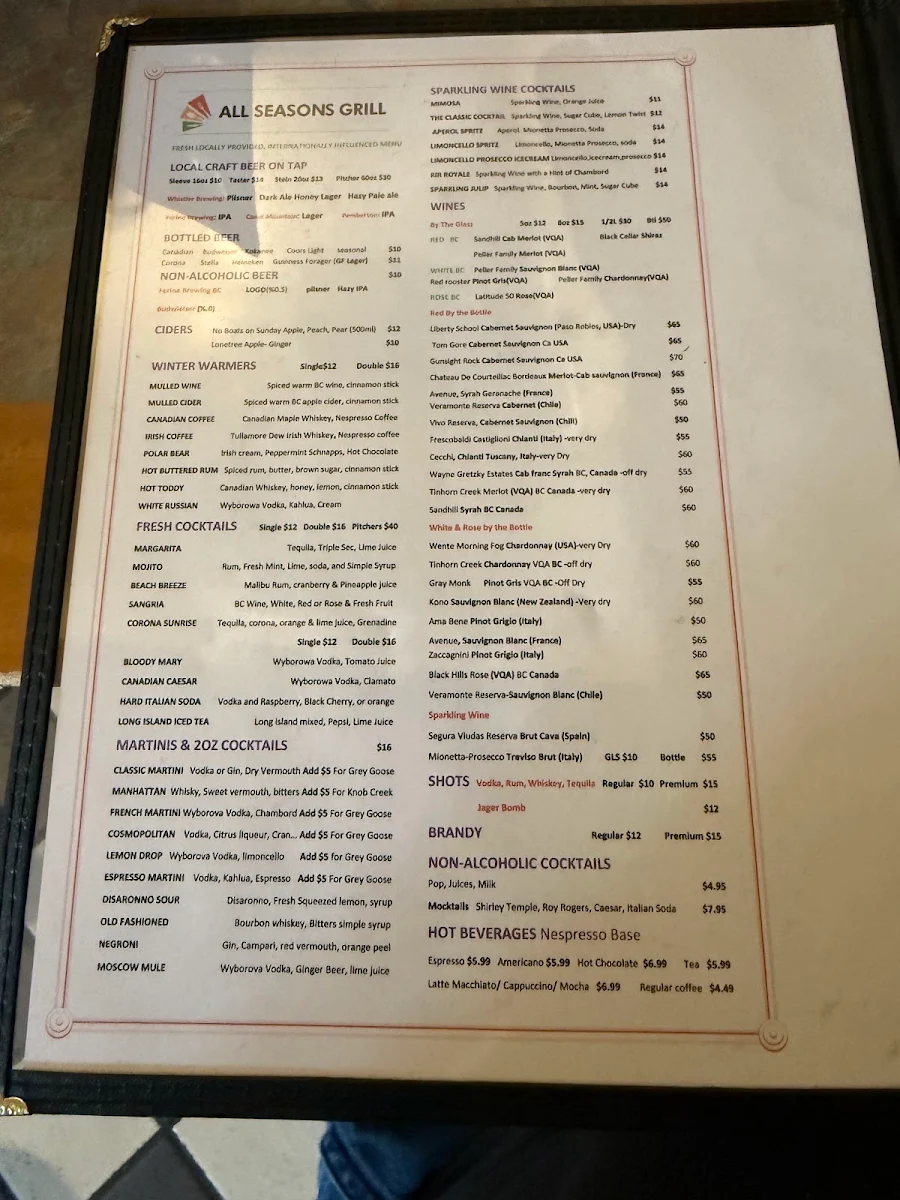 Menu, All Seasons Grill Whistler