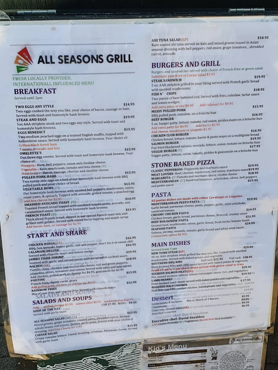 Menu, All Seasons Grill Whistler