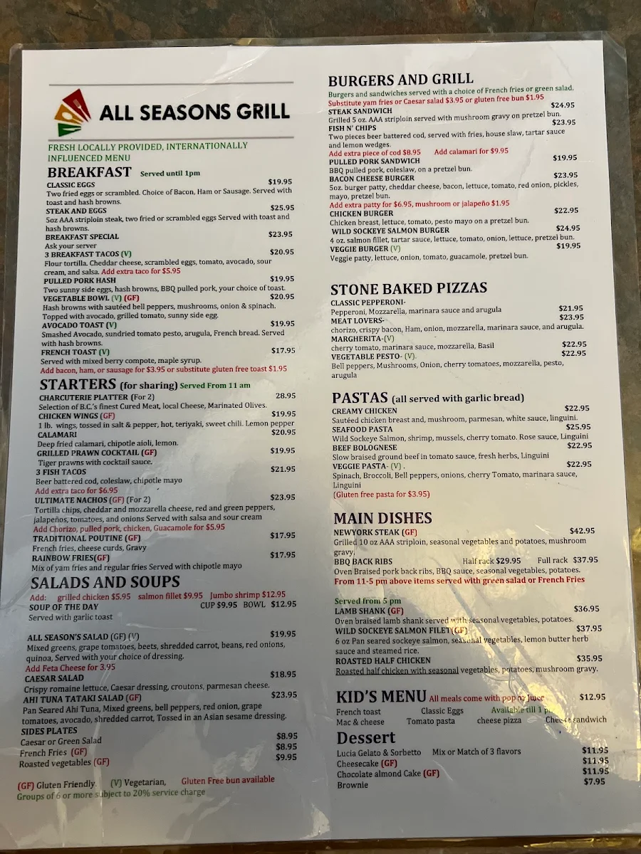 Menu, All Seasons Grill Whistler