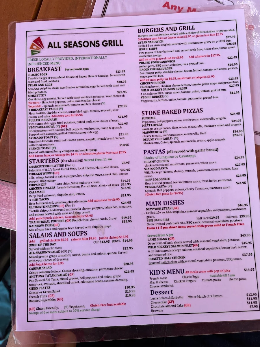 Menu, All Seasons Grill Whistler