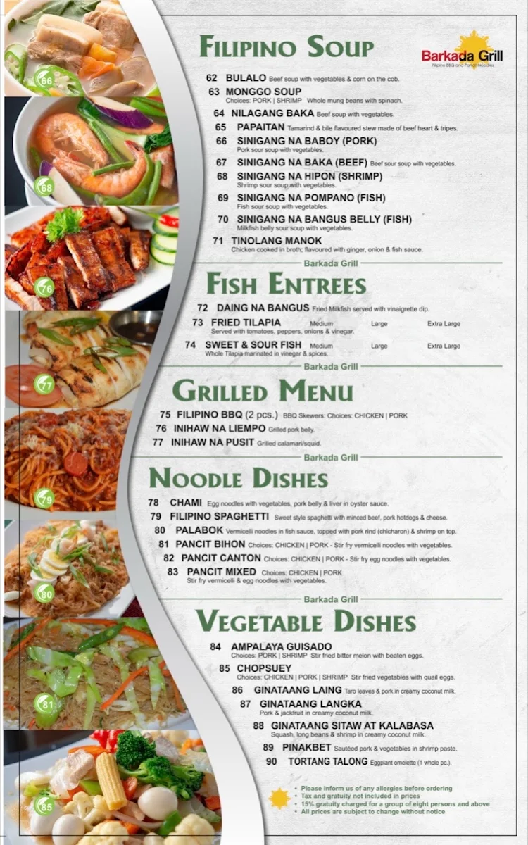 Menu, Barkada Grill - Central