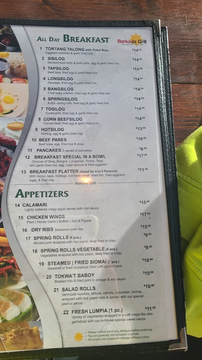 Menu, Barkada Grill - Central