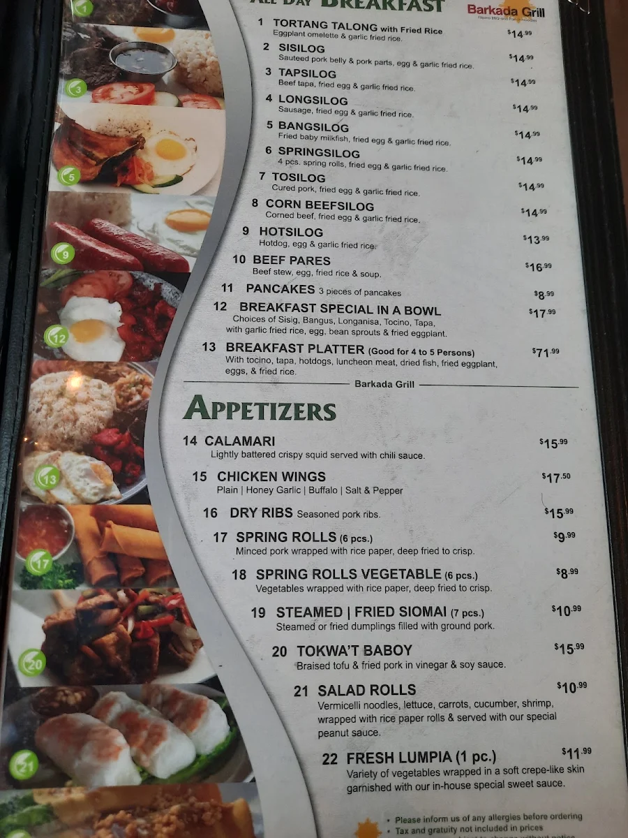Menu, Barkada Grill - Central