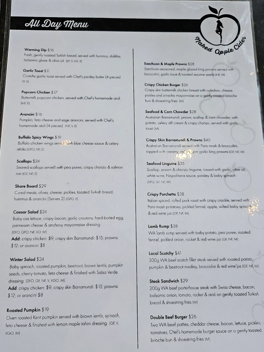 Menu, Naked Apple Cider House