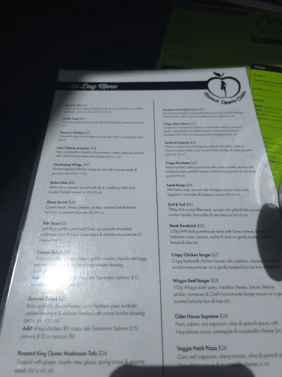 Menu, Naked Apple Cider House