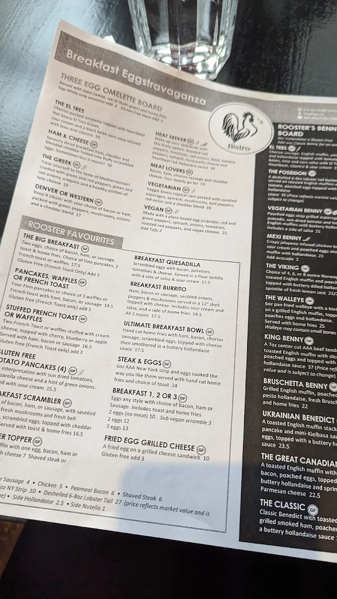 Menu, Rooster's Bistro