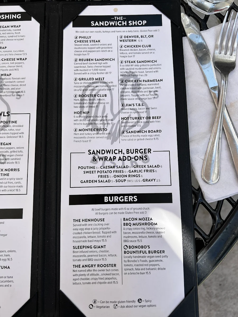 Menu, Rooster's Bistro