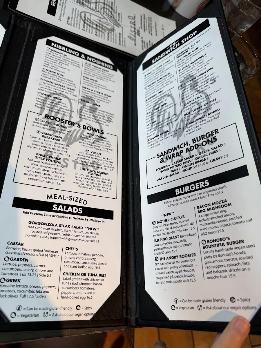 Menu, Rooster's Bistro