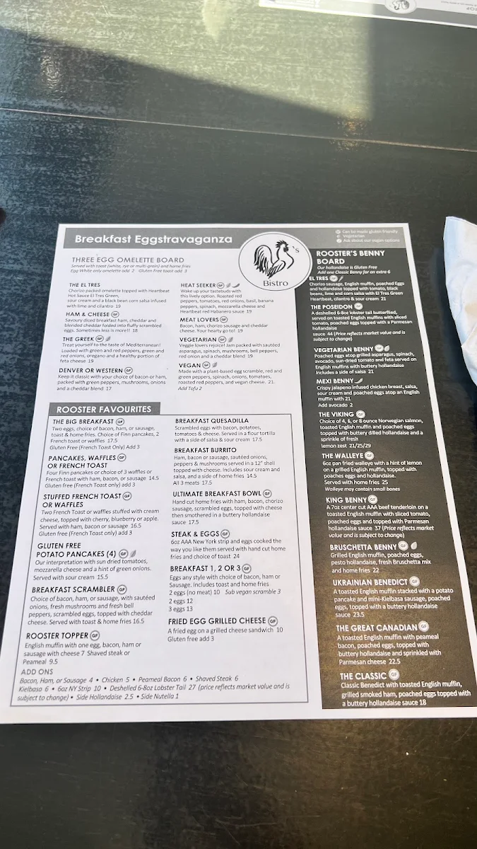 Menu, Rooster's Bistro