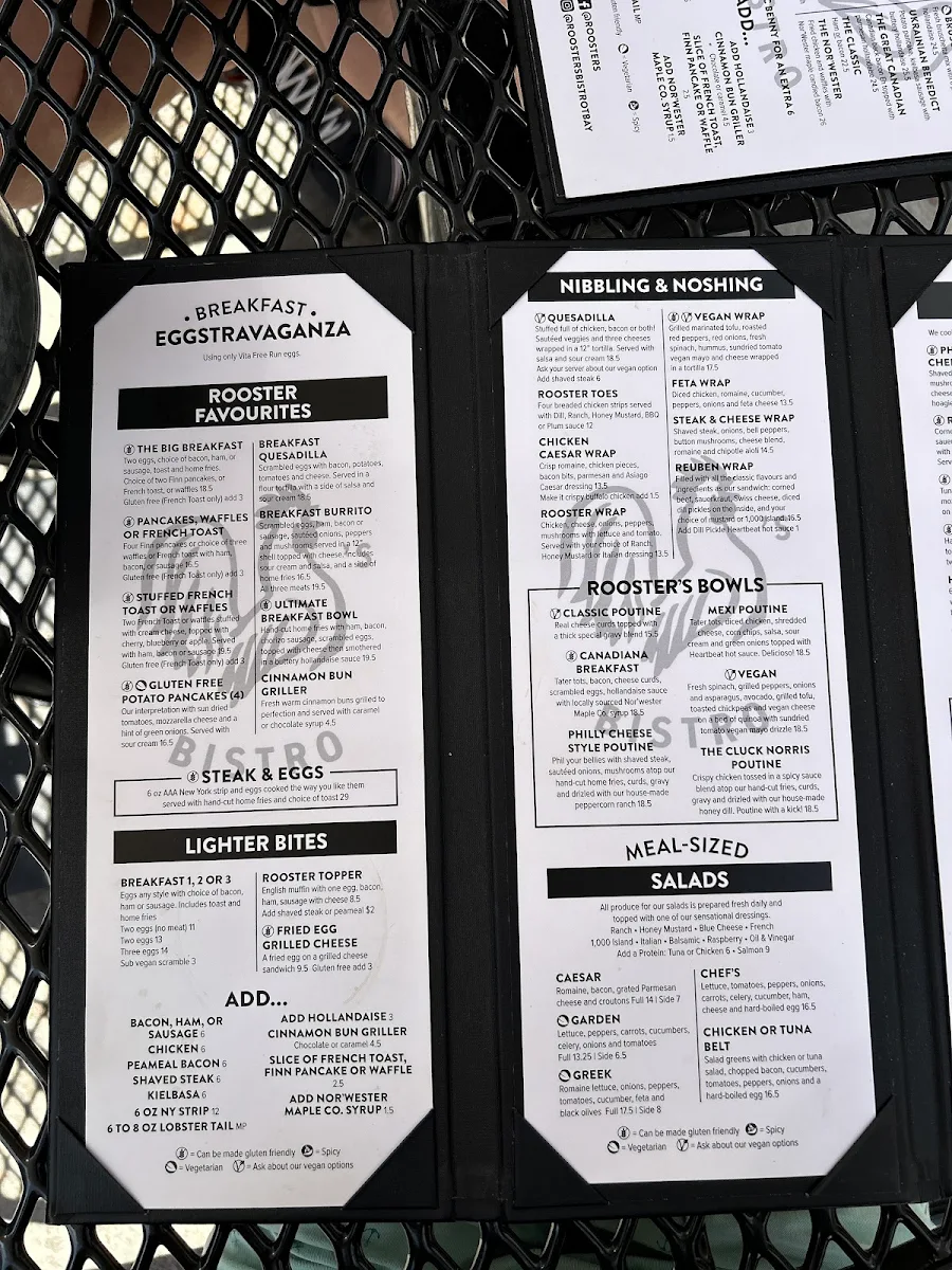 Menu, Rooster's Bistro