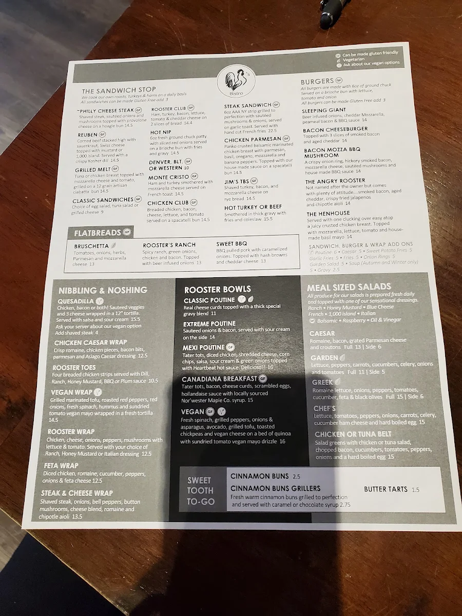 Menu, Rooster's Bistro