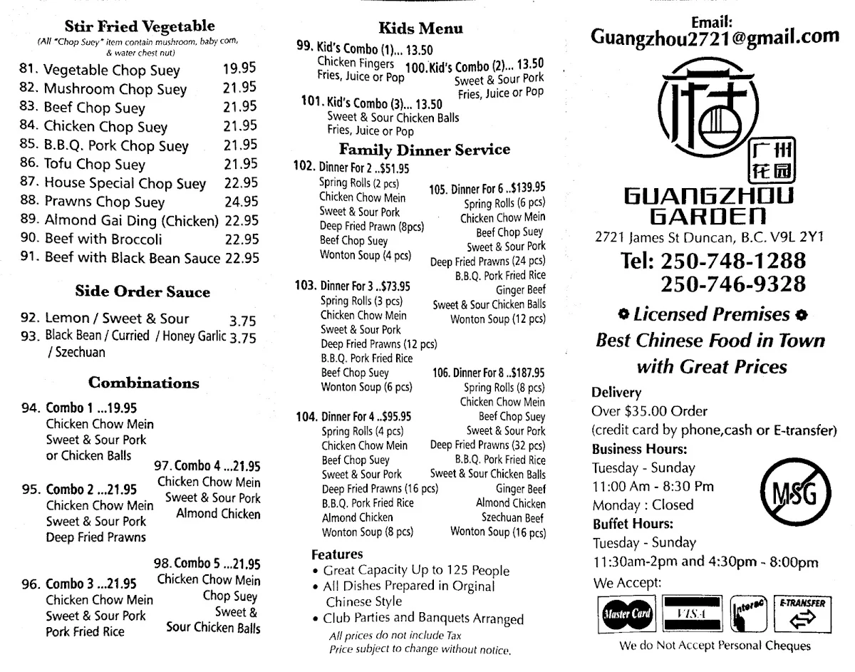 Menu, Guangzhou Garden Restaurant