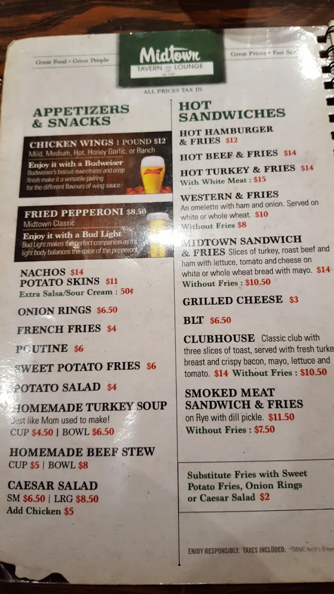 Menu, Midtown-Boomers Tavern & Lounge