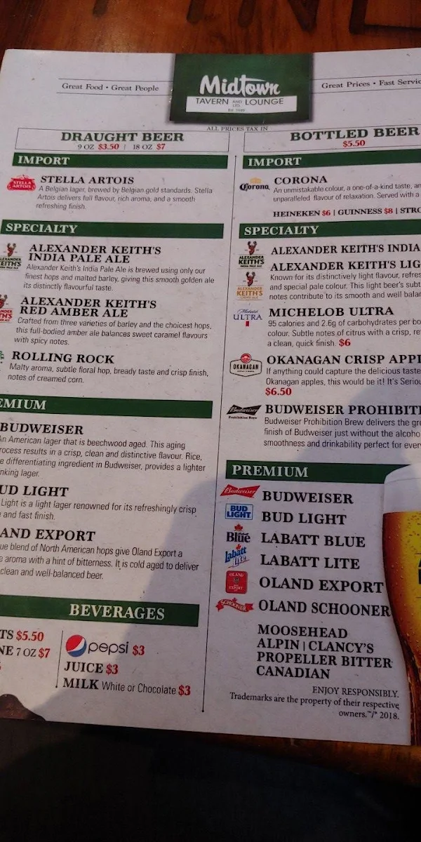 Menu, Midtown-Boomers Tavern & Lounge