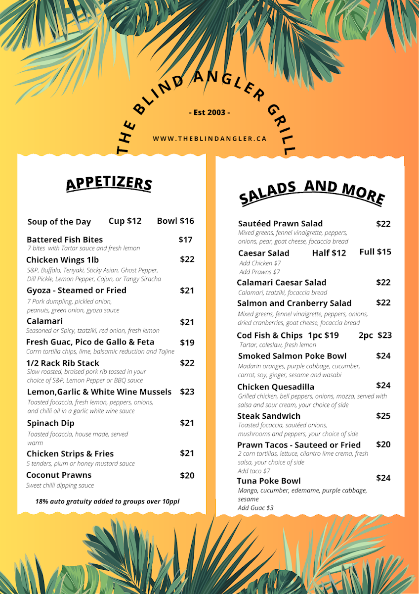Menu, The Blind Angler Grill