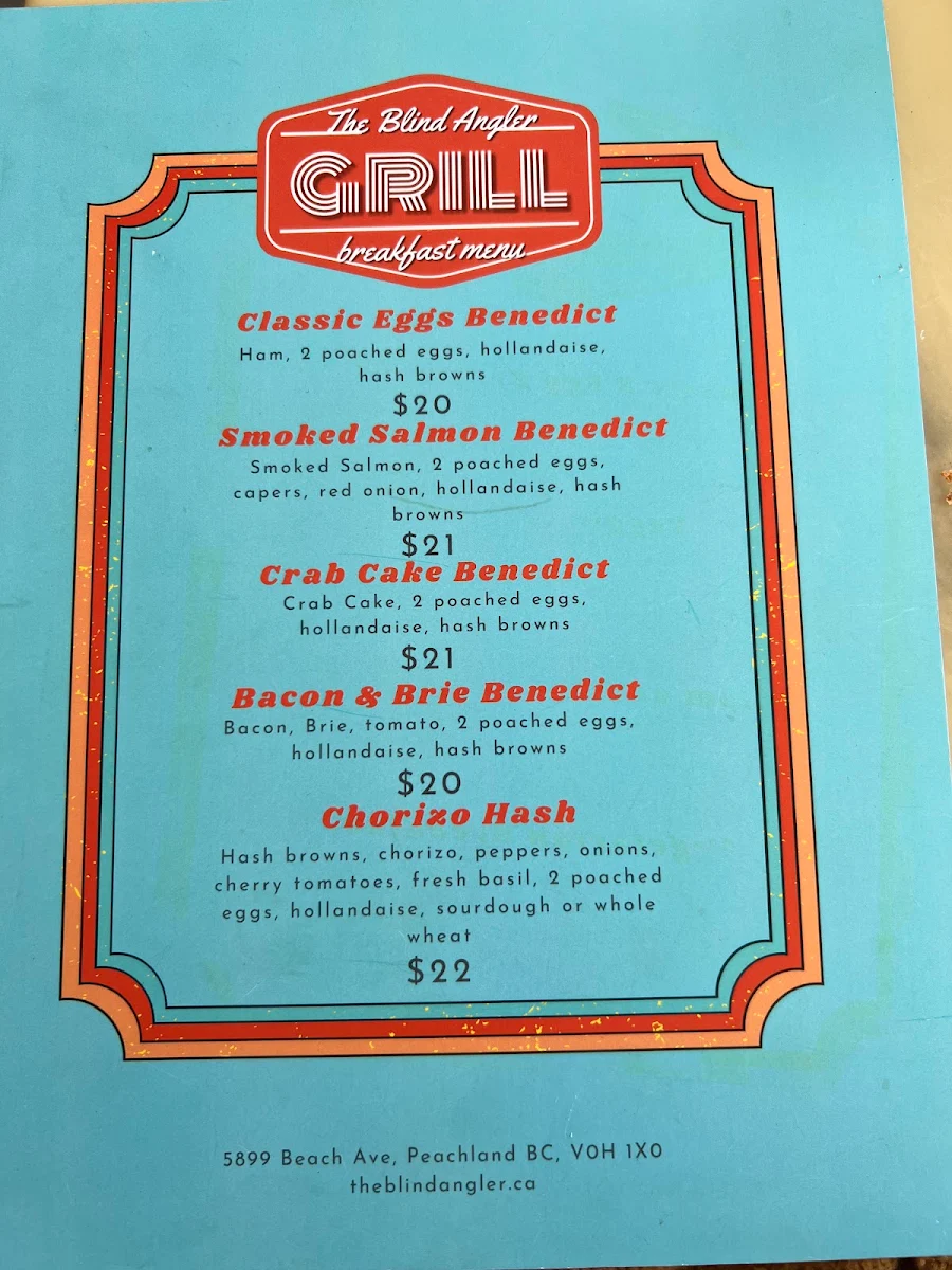 Menu, The Blind Angler Grill