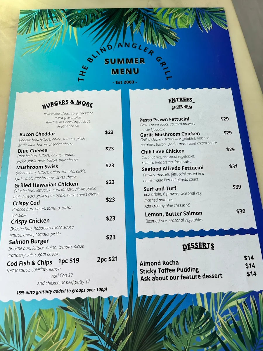 Menu, The Blind Angler Grill