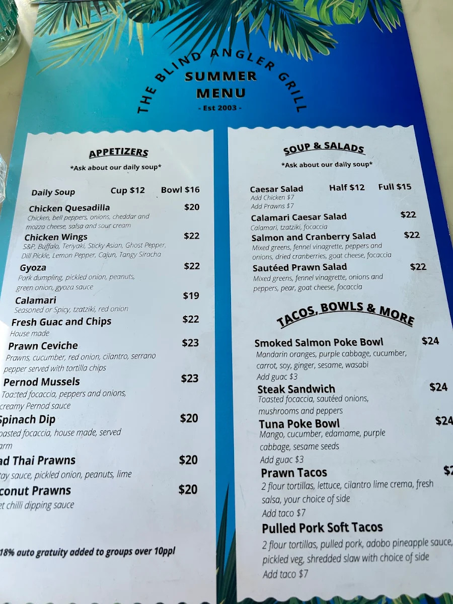Menu, The Blind Angler Grill