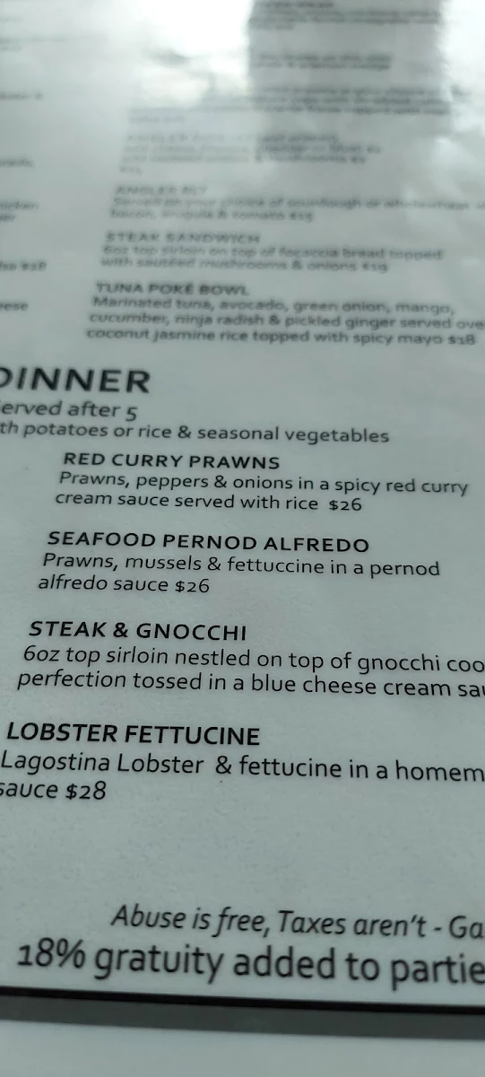 Menu, The Blind Angler Grill