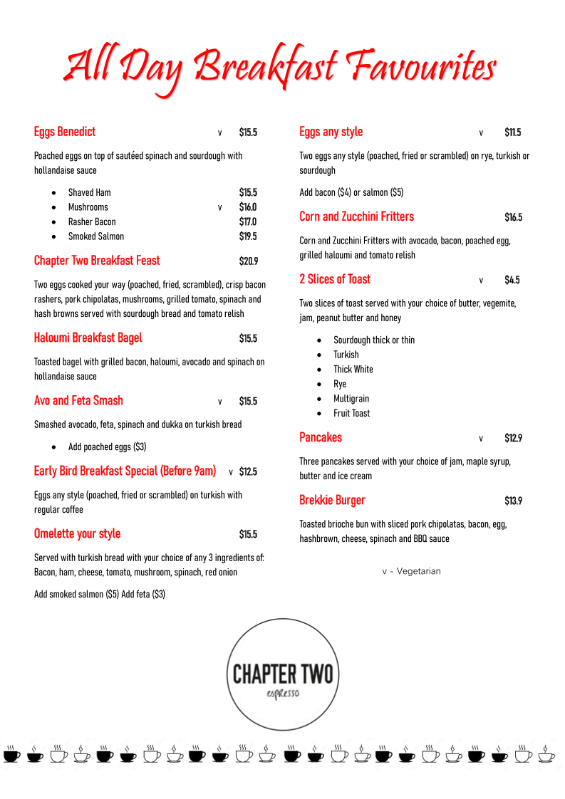 Menu, Chapter Two Espresso