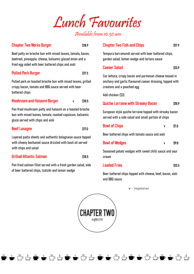 Menu, Chapter Two Espresso