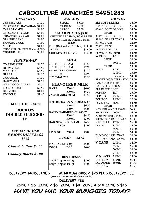 Menu, Caboolture Munchies