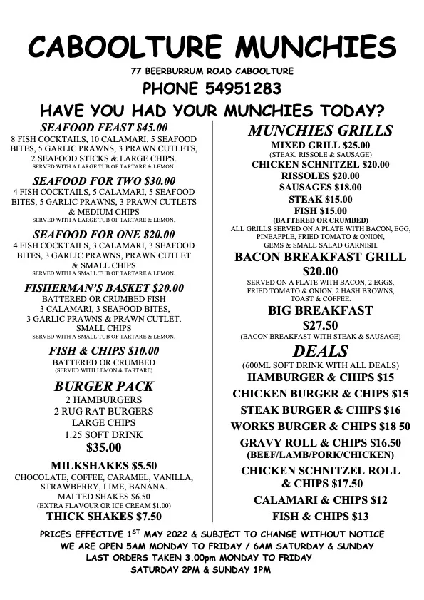Menu, Caboolture Munchies