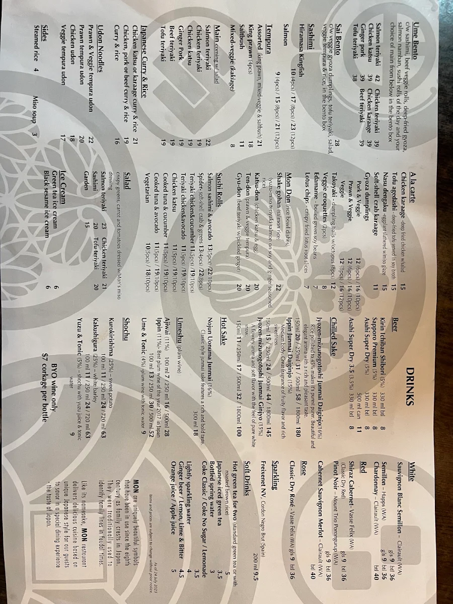 Menu, MON JAPANESE BISTRO