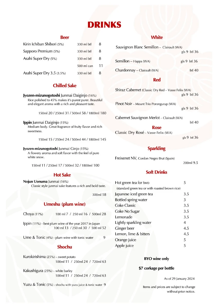 Menu, MON JAPANESE BISTRO