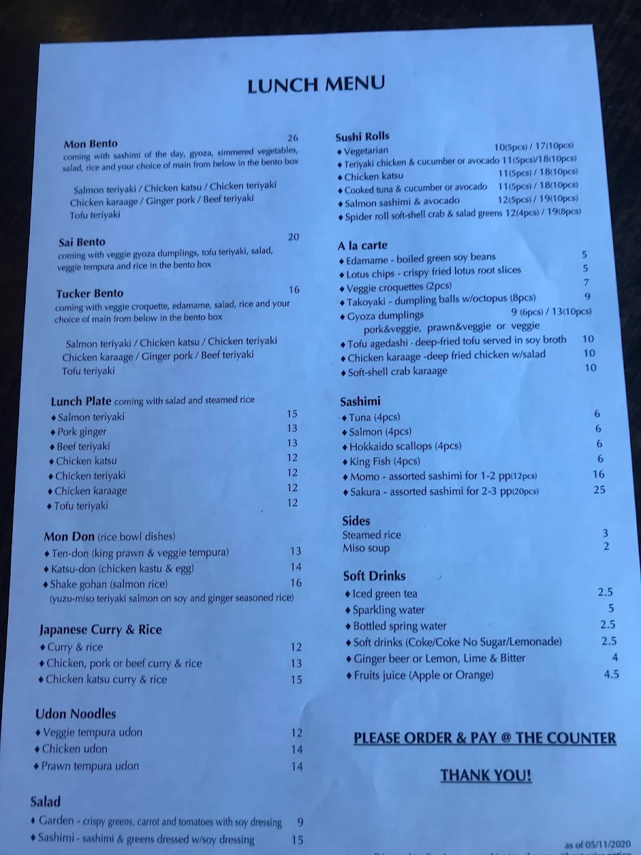 Menu, MON JAPANESE BISTRO