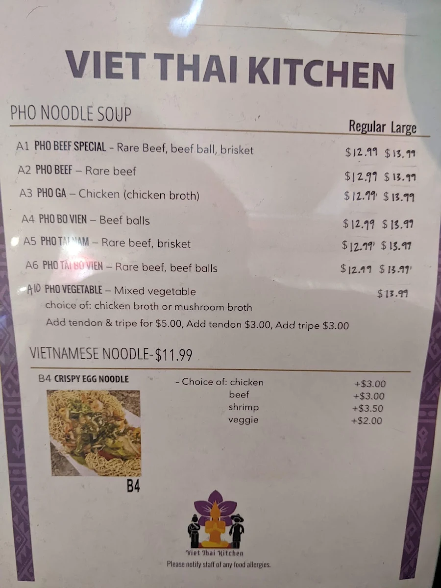 Menu, Viet Thai Kitchen