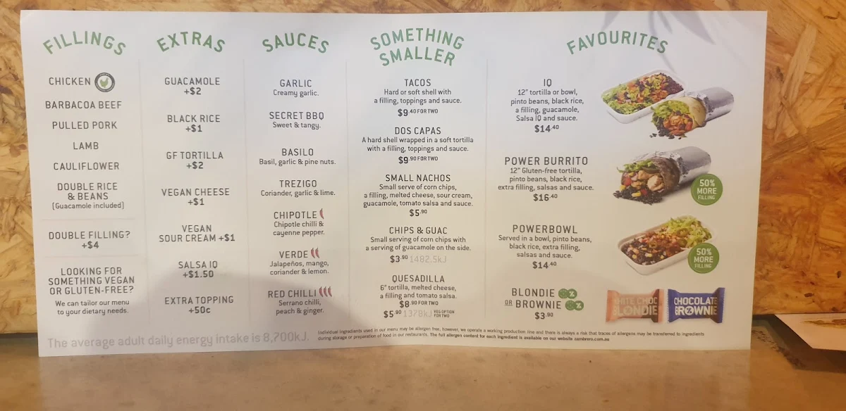 Menu, Zambrero Coolangatta