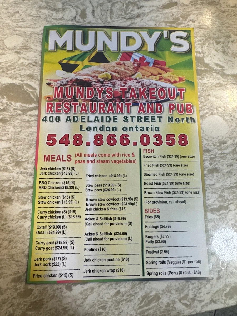 Menu, Mundys Catering