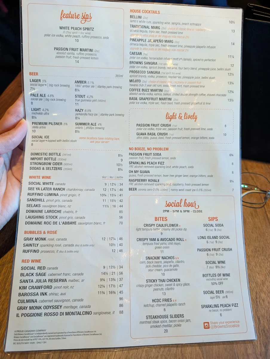 Menu, Browns Socialhouse