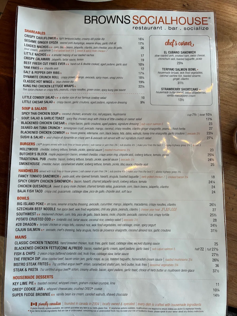 Menu, Browns Socialhouse