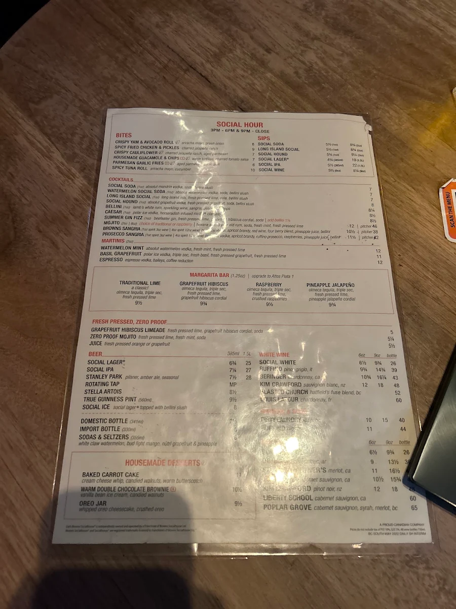 Menu, Browns Socialhouse