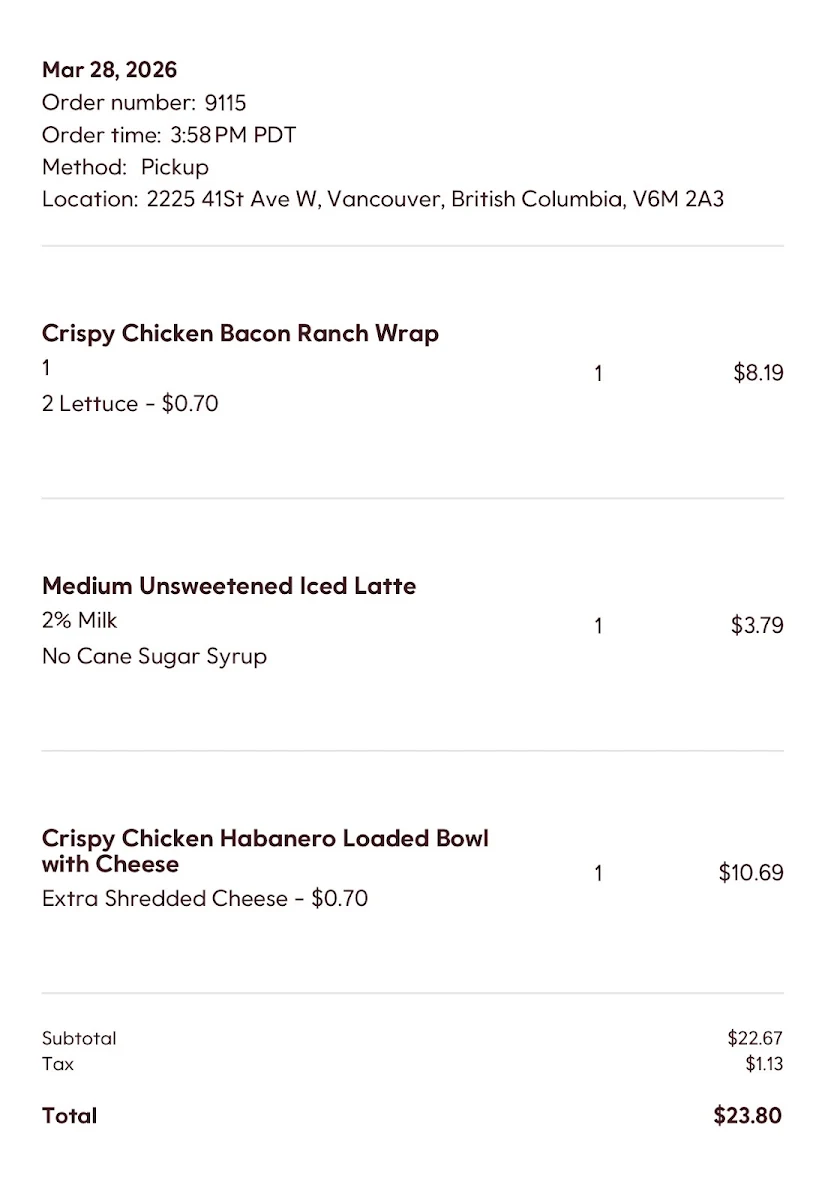 Menu, Tim Hortons