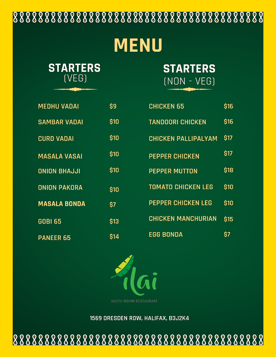 Menu, Ilai South Indian Restaurant