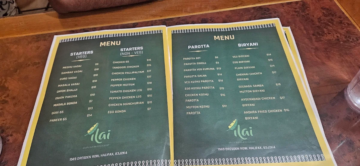 Menu, Ilai South Indian Restaurant