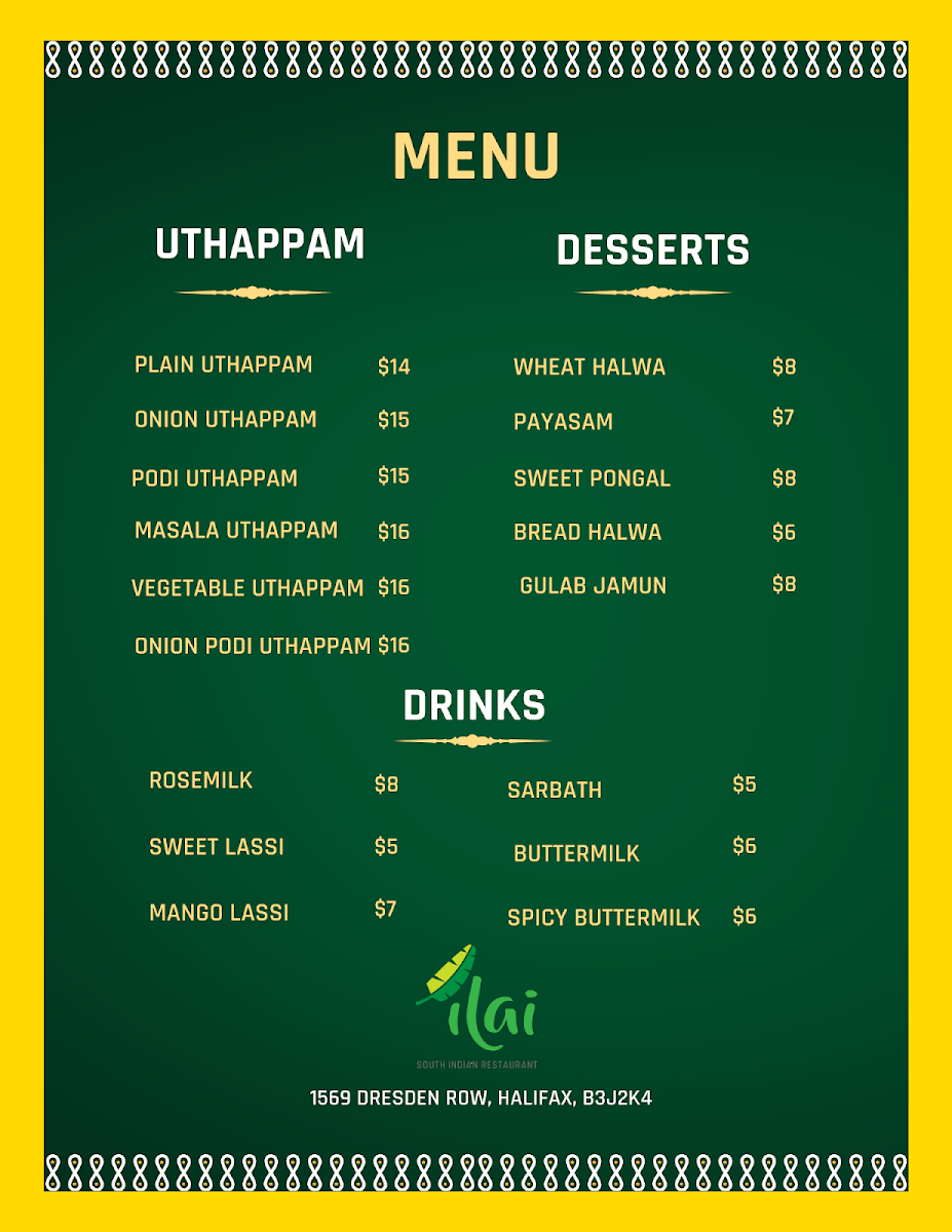 Menu, Ilai South Indian Restaurant