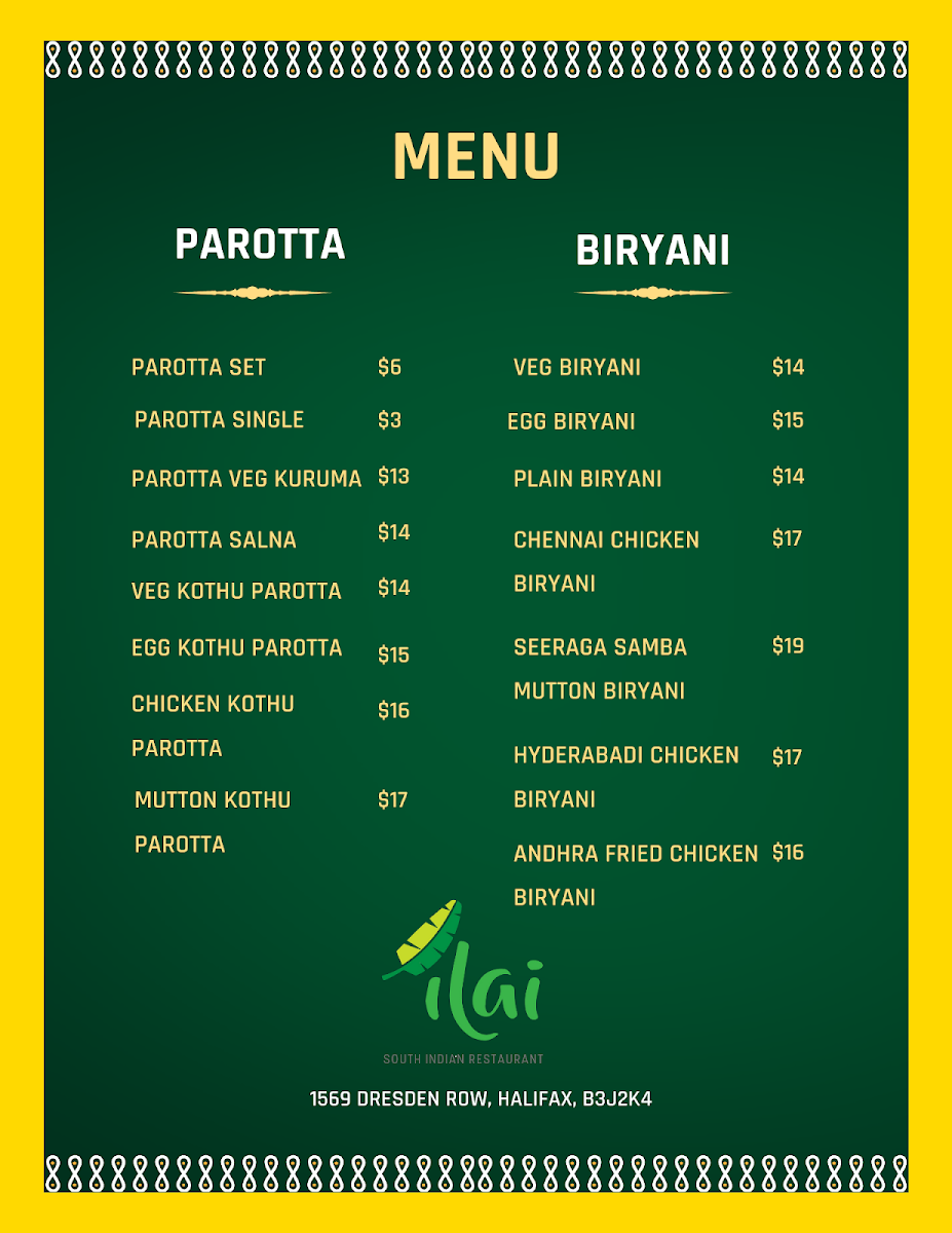 Menu, Ilai South Indian Restaurant