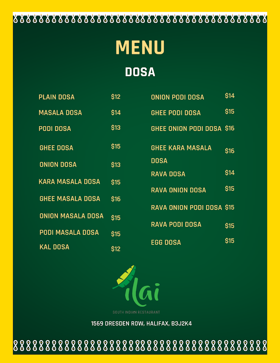 Menu, Ilai South Indian Restaurant