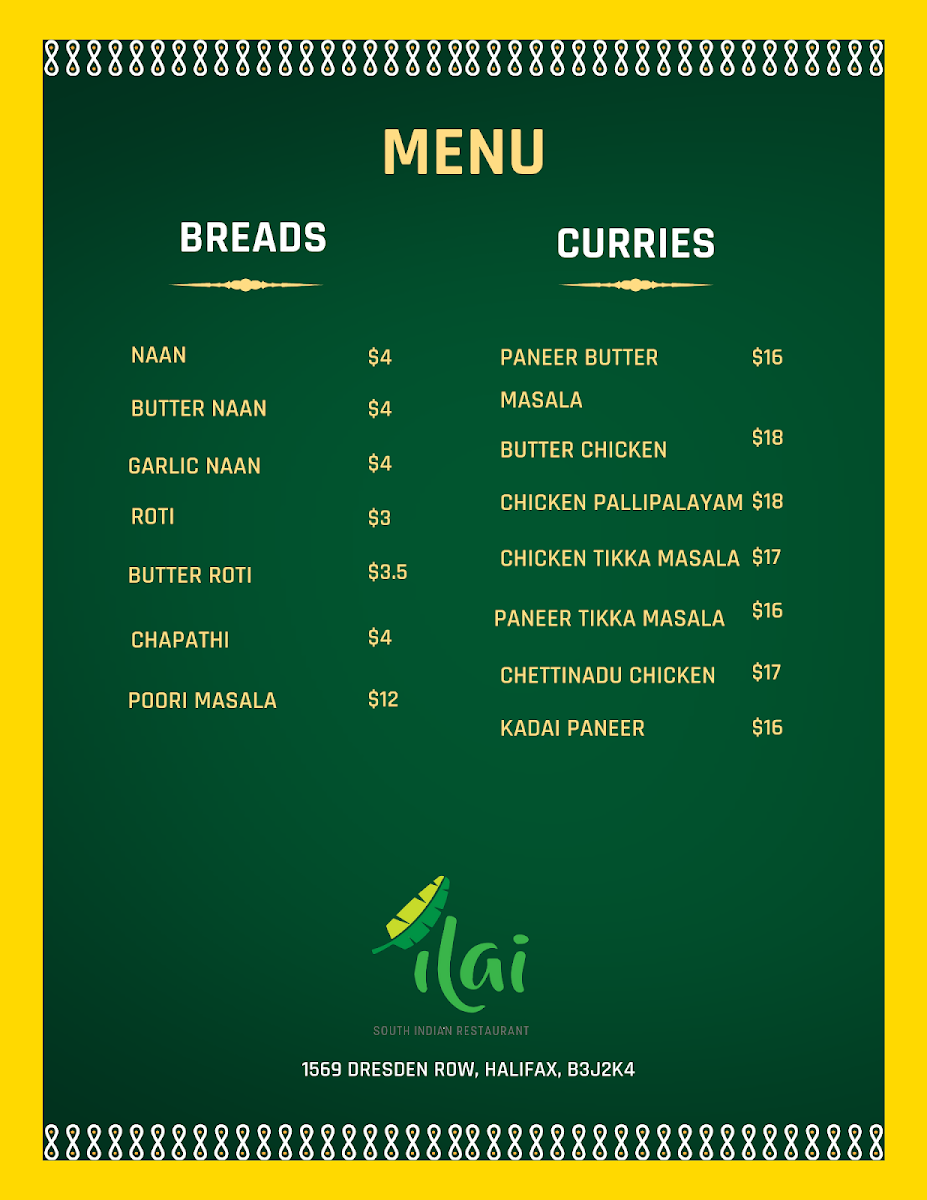 Menu, Ilai South Indian Restaurant