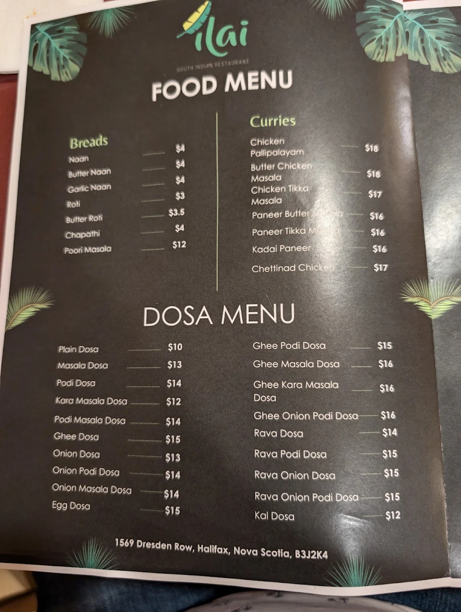 Menu, Ilai South Indian Restaurant