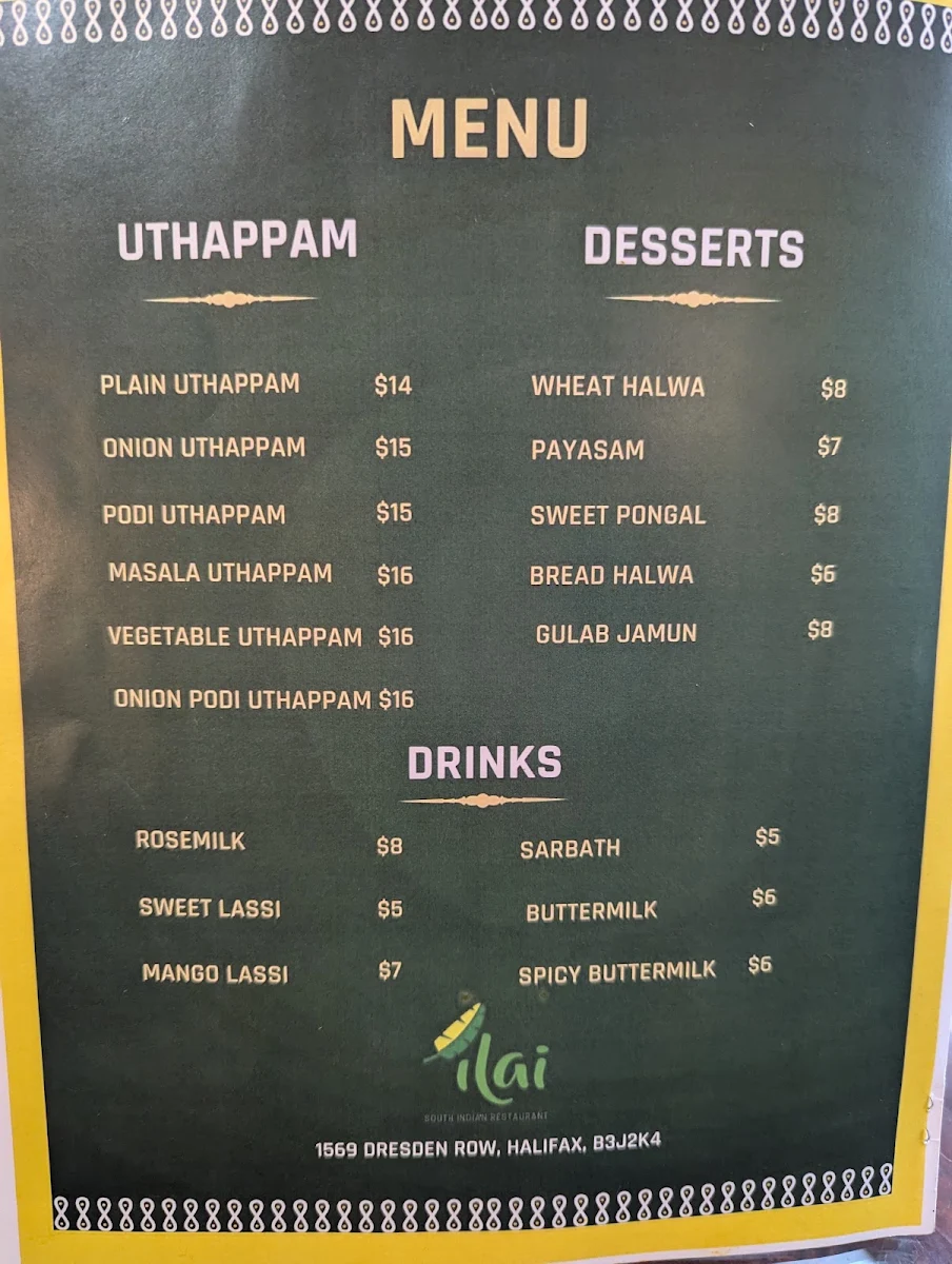 Menu, Ilai South Indian Restaurant