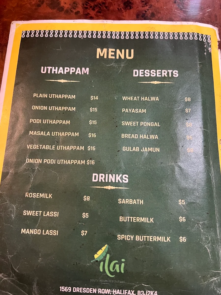 Menu, Ilai South Indian Restaurant