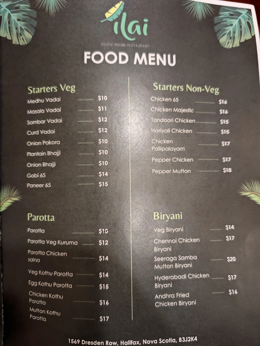 Menu, Ilai South Indian Restaurant