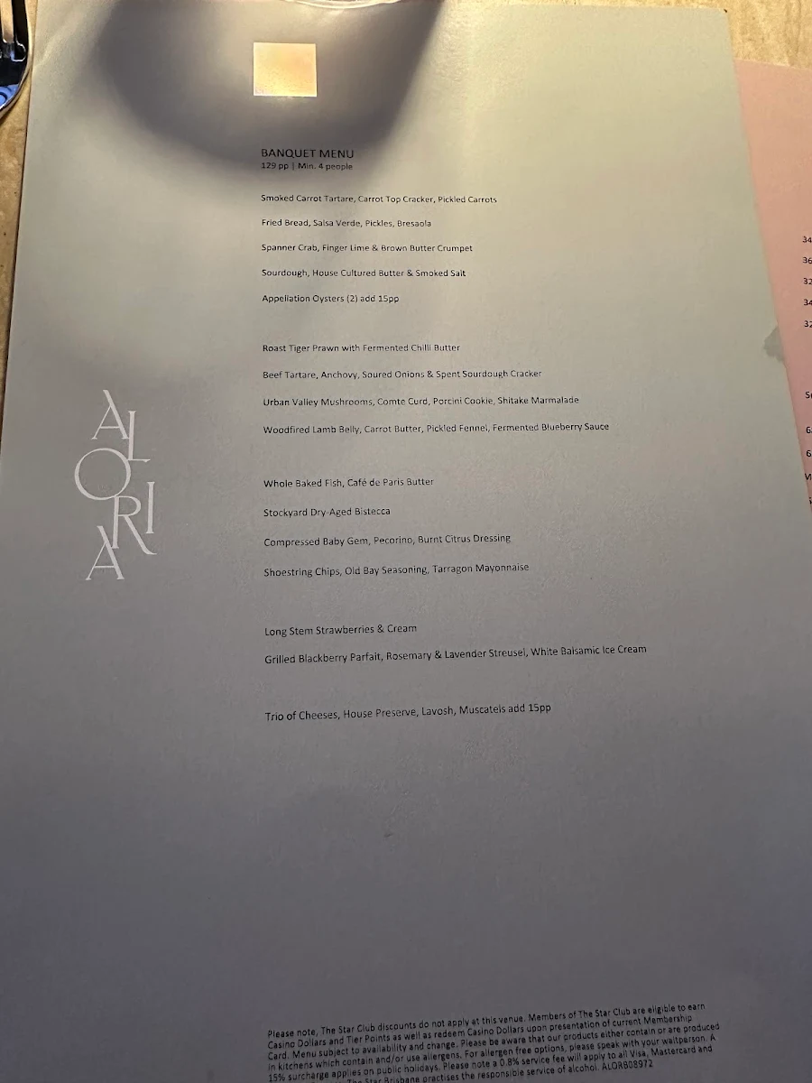 Menu, Aloria