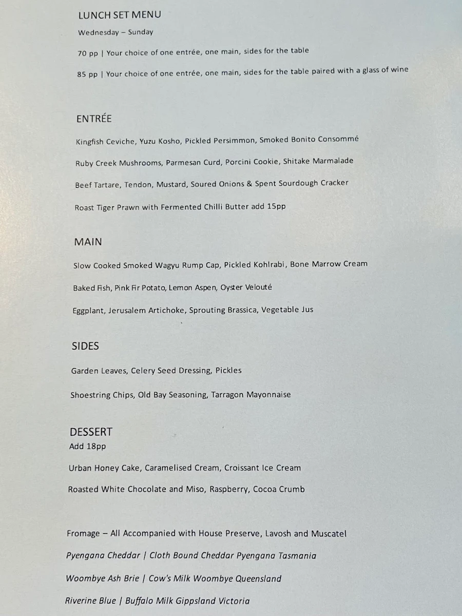 Menu, Aloria